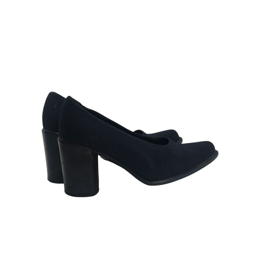 1990s Navy Blue Chunky Heel Pointy Toe Elastic Top High Heels Via Spiga Size 6.5